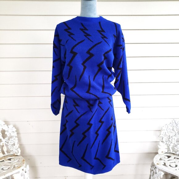 Dresses & Skirts - Vintage 80s 2-piece Black Lightning on dark blue knit sweater and skirt set